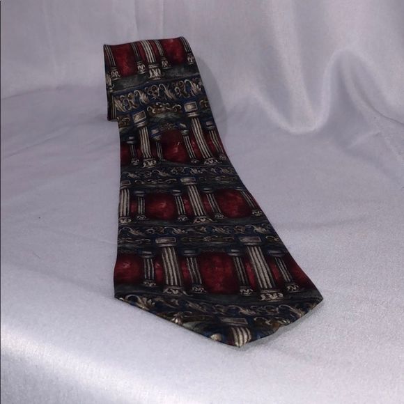 Bill Blass necktie 100% silk red white blue columns pillars neck tie made in USA - Picture 1 of 5